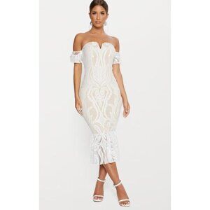 PLT White Bardot Lace Frill Hem Midi Dress